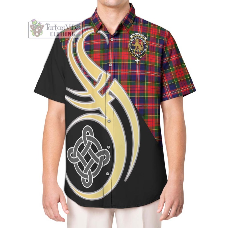 McPherson Modern Tartan Short Sleeve Button Shirt with Family Crest and Celtic Symbol Style