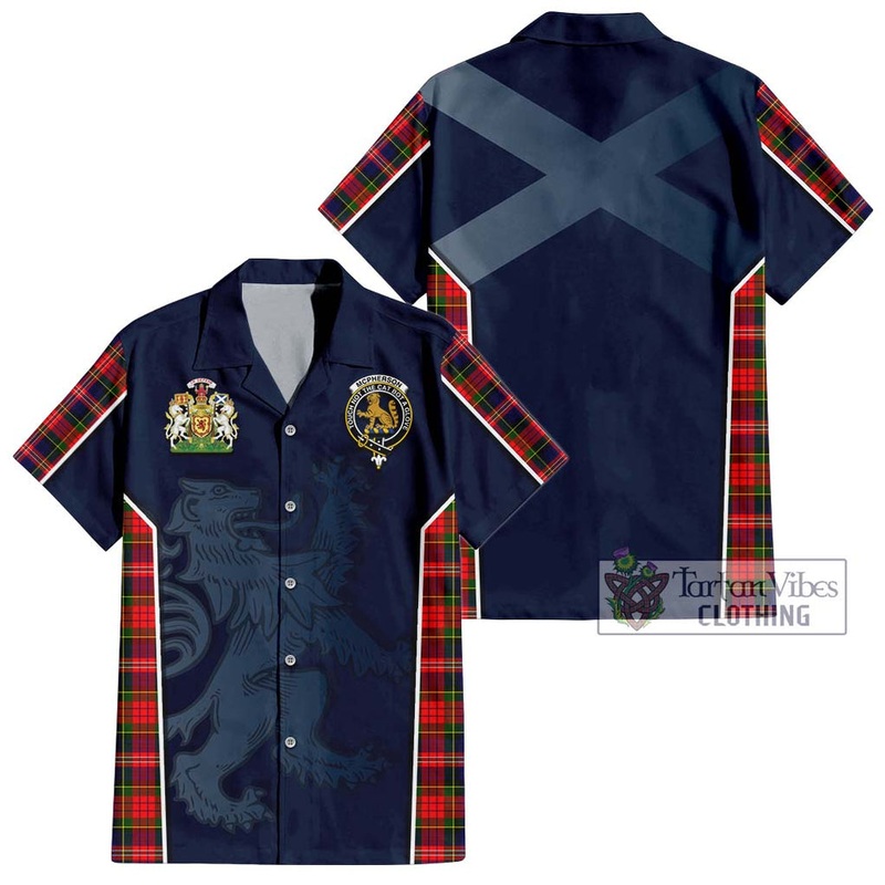 McPherson Modern Tartan Short Sleeve Button Shirt with Family Crest and Lion Rampant Vibes Sport Style