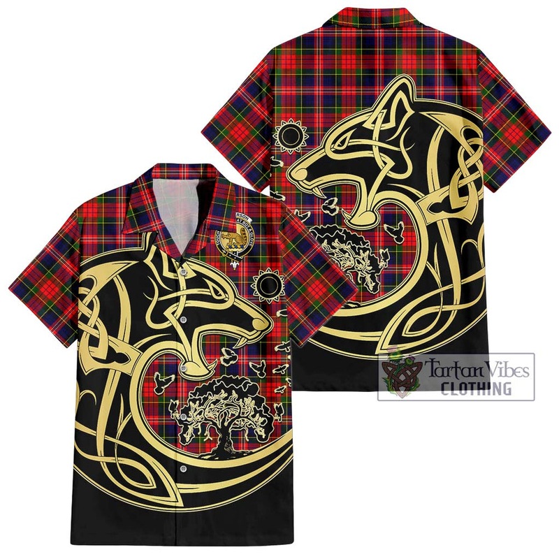 McPherson Modern Tartan Short Sleeve Button Shirt with Family Crest Celtic Wolf Style