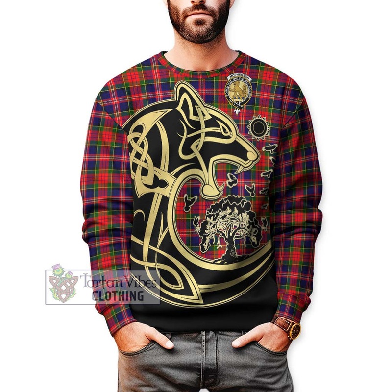 McPherson Modern Tartan Sweatshirt with Family Crest Celtic Wolf Style