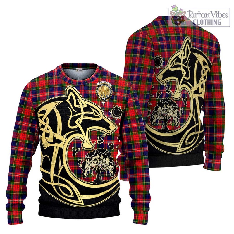 McPherson Modern Tartan Ugly Sweater with Family Crest Celtic Wolf Style