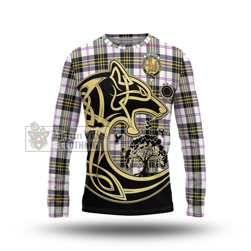 McPherson Dress Modern Tartan Long Sleeve T-Shirt with Family Crest Celtic Wolf Style