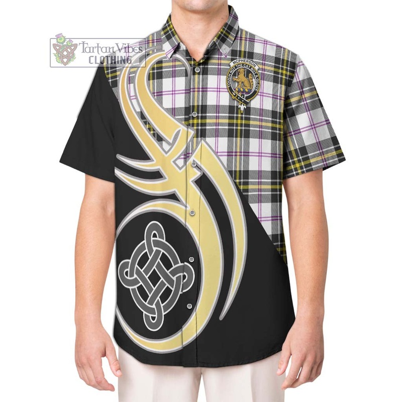 McPherson Dress Modern Tartan Short Sleeve Button Shirt with Family Crest and Celtic Symbol Style