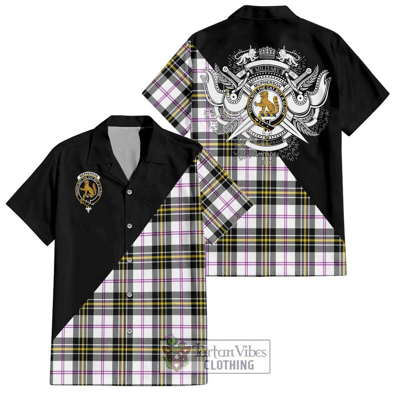 McPherson Dress Modern Tartan Short Sleeve Button Shirt with Family Crest and Military Logo Style