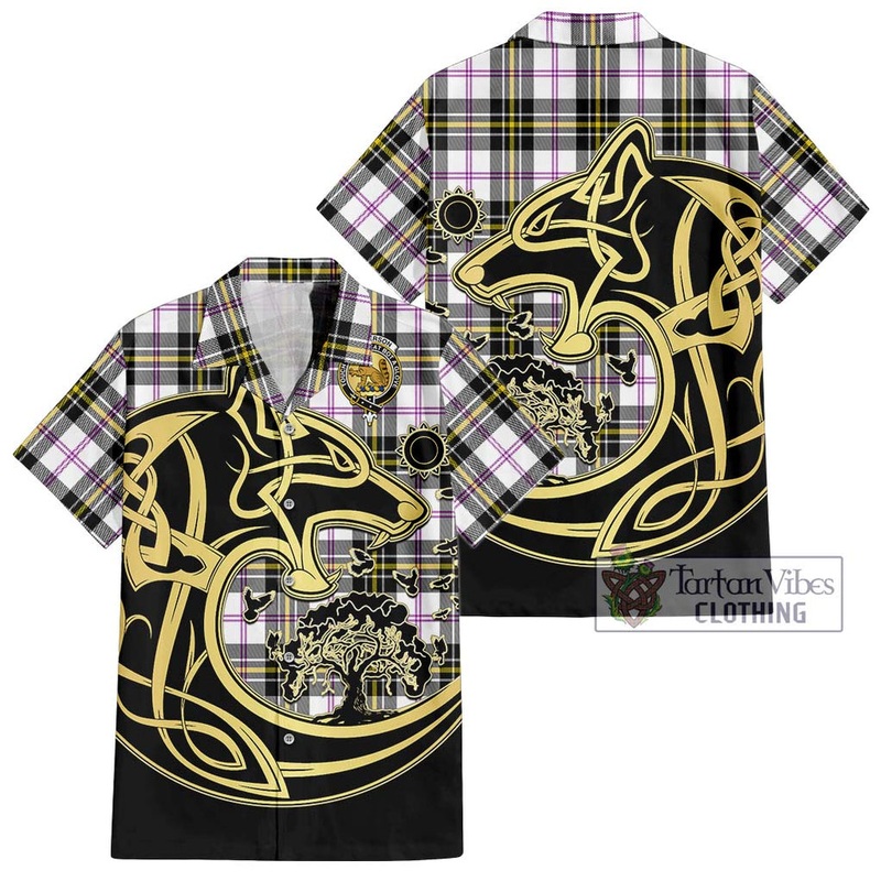 McPherson Dress Modern Tartan Short Sleeve Button Shirt with Family Crest Celtic Wolf Style