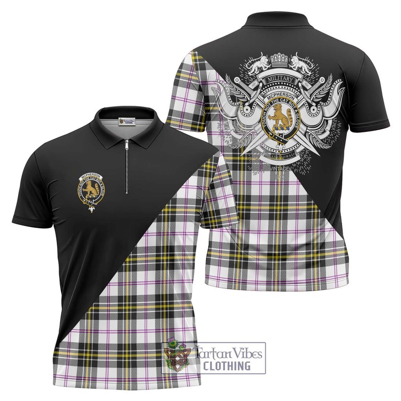 McPherson Dress Modern Tartan Zipper Polo Shirt with Family Crest and Military Logo Style