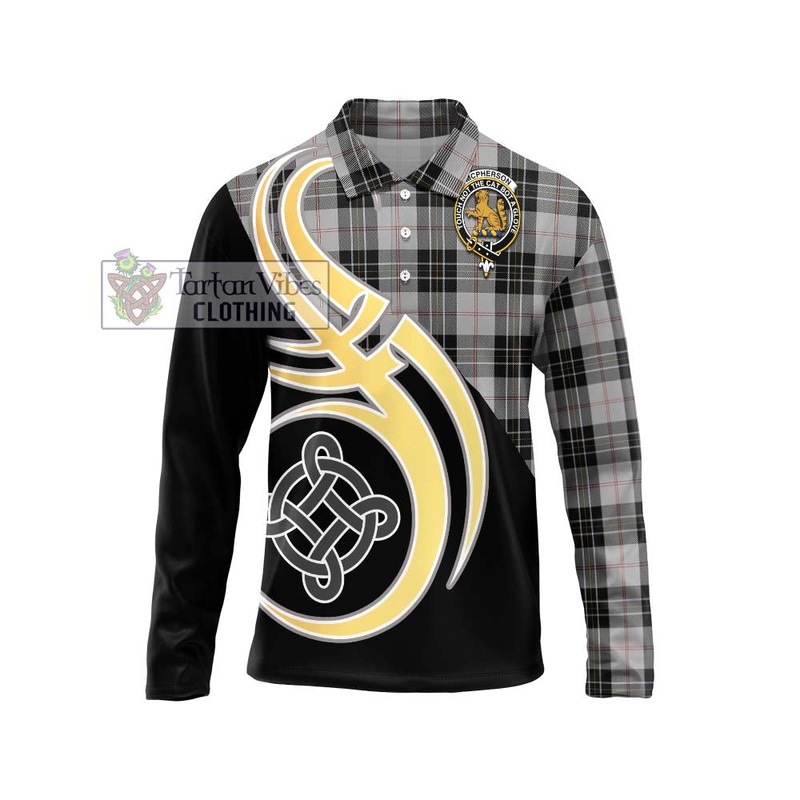 McPherson Dress Tartan Long Sleeve Polo Shirt with Family Crest and Celtic Symbol Style