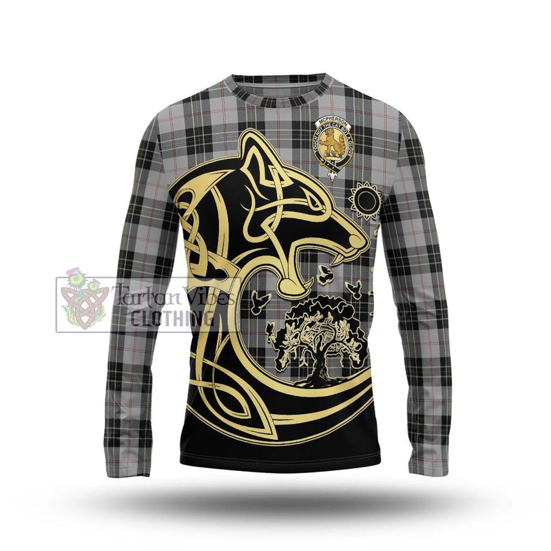 McPherson Dress Tartan Long Sleeve T-Shirt with Family Crest Celtic Wolf Style