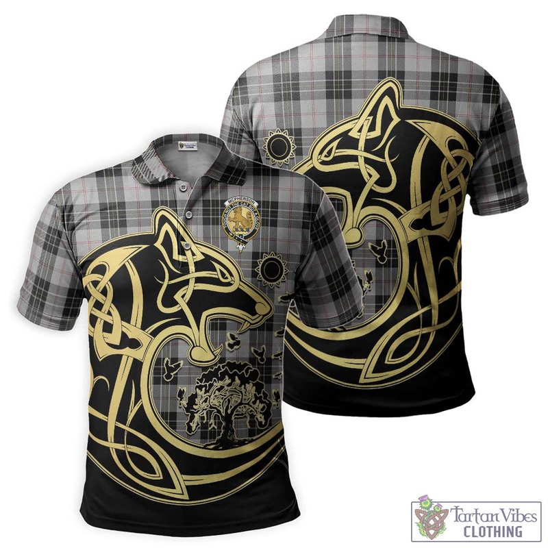 McPherson Dress Tartan Polo Shirt with Family Crest Celtic Wolf Style