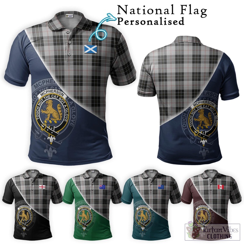 McPherson Dress Tartan Polo Shirt with Personalised National Flag and Family Crest Half Style