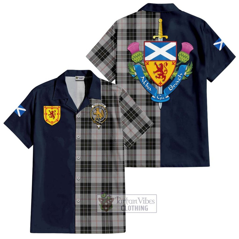 McPherson Dress Tartan Short Sleeve Button Shirt Alba with Scottish Lion Royal Arm Half Style