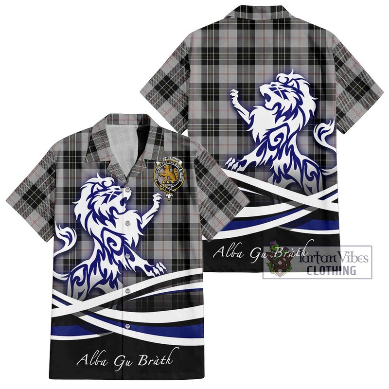 McPherson Dress Tartan Short Sleeve Button Shirt with Alba Gu Brath Regal Lion Emblem