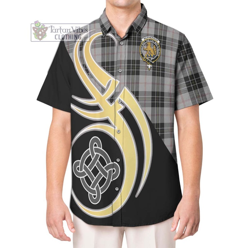 McPherson Dress Tartan Short Sleeve Button Shirt with Family Crest and Celtic Symbol Style