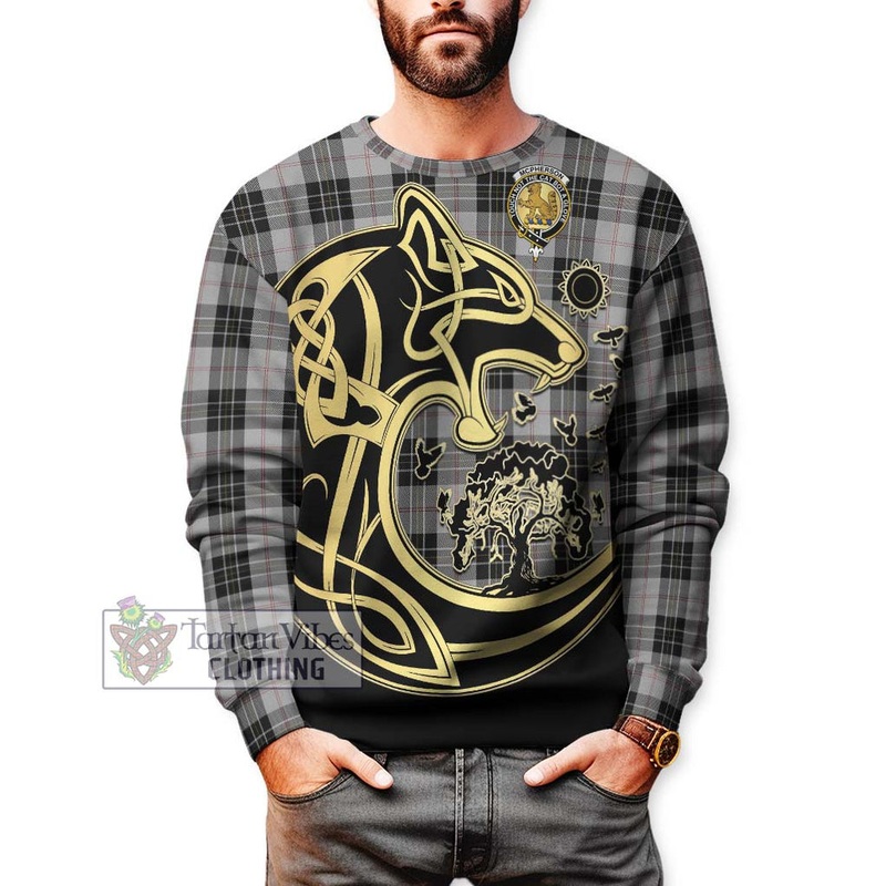 McPherson Dress Tartan Sweatshirt with Family Crest Celtic Wolf Style
