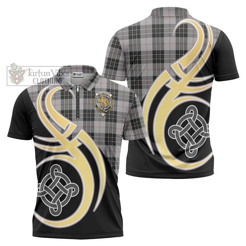 McPherson Dress Tartan Zipper Polo Shirt with Family Crest and Celtic Symbol Style