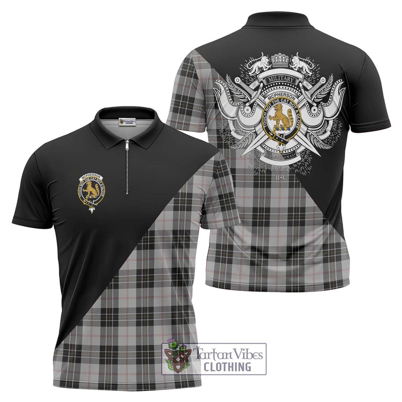 McPherson Dress Tartan Zipper Polo Shirt with Family Crest and Military Logo Style