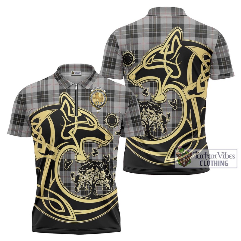 McPherson Dress Tartan Zipper Polo Shirt with Family Crest Celtic Wolf Style
