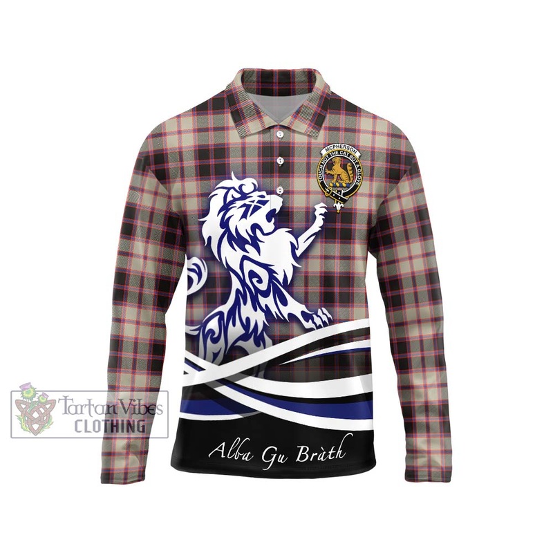McPherson Hunting Ancient Tartan Long Sleeve Polo Shirt with Alba Gu Brath Regal Lion Emblem