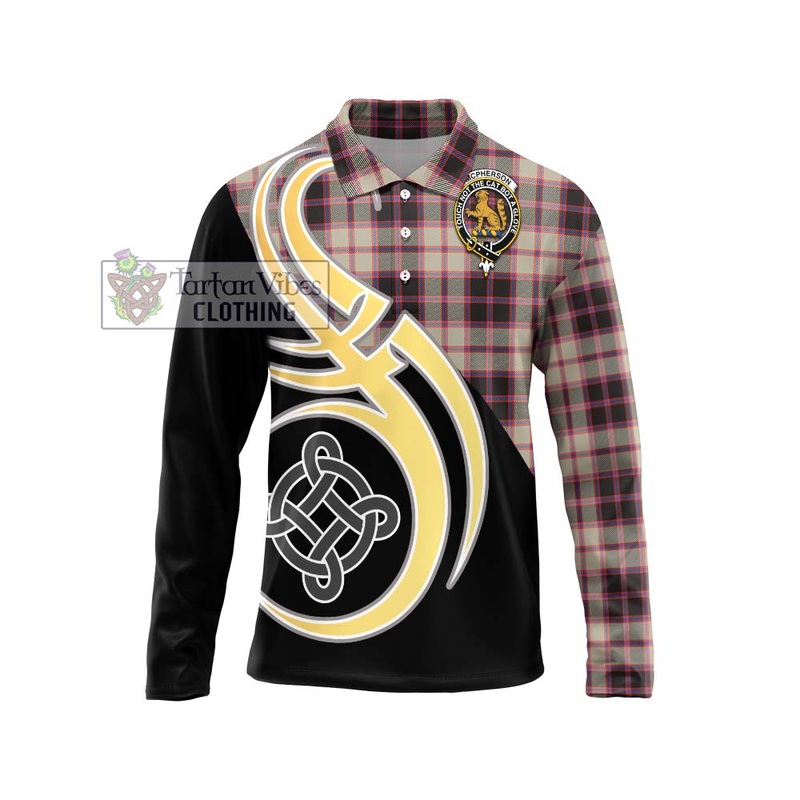 McPherson Hunting Ancient Tartan Long Sleeve Polo Shirt with Family Crest and Celtic Symbol Style