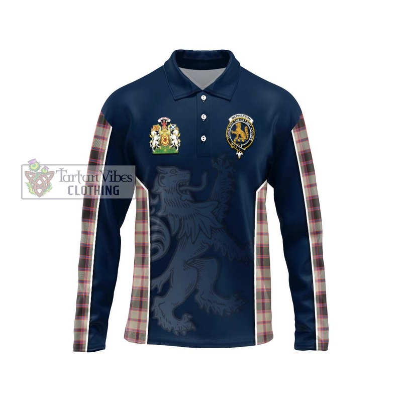 McPherson Hunting Ancient Tartan Long Sleeve Polo Shirt with Family Crest and Lion Rampant Vibes Sport Style