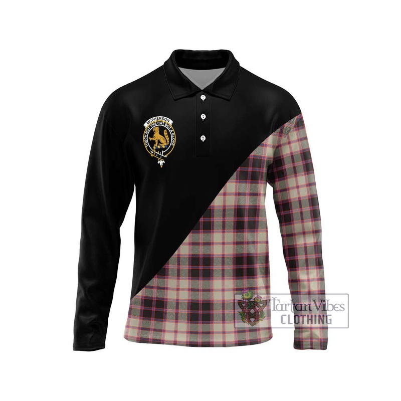 McPherson Hunting Ancient Tartan Long Sleeve Polo Shirt with Family Crest and Military Logo Style