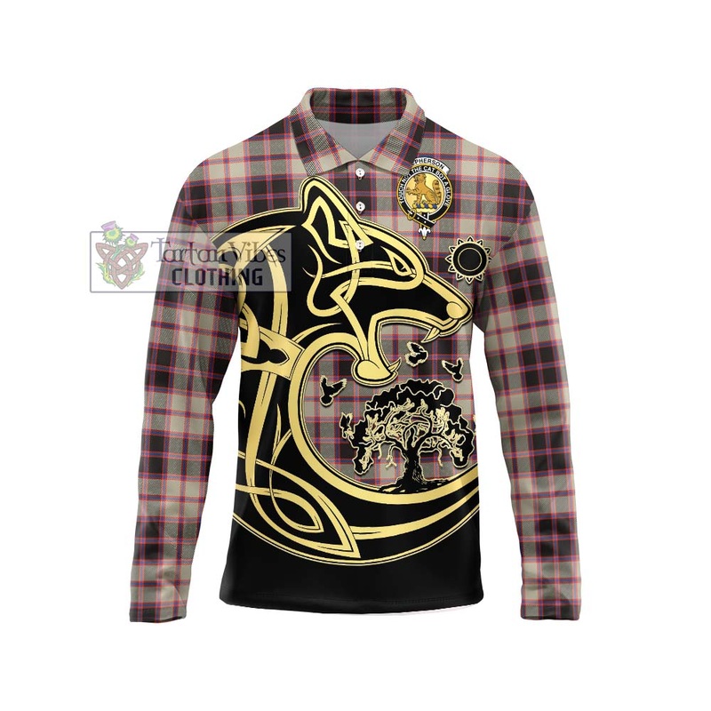 McPherson Hunting Ancient Tartan Long Sleeve Polo Shirt with Family Crest Celtic Wolf Style