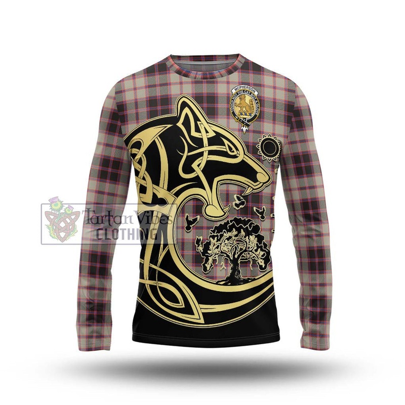 McPherson Hunting Ancient Tartan Long Sleeve T-Shirt with Family Crest Celtic Wolf Style