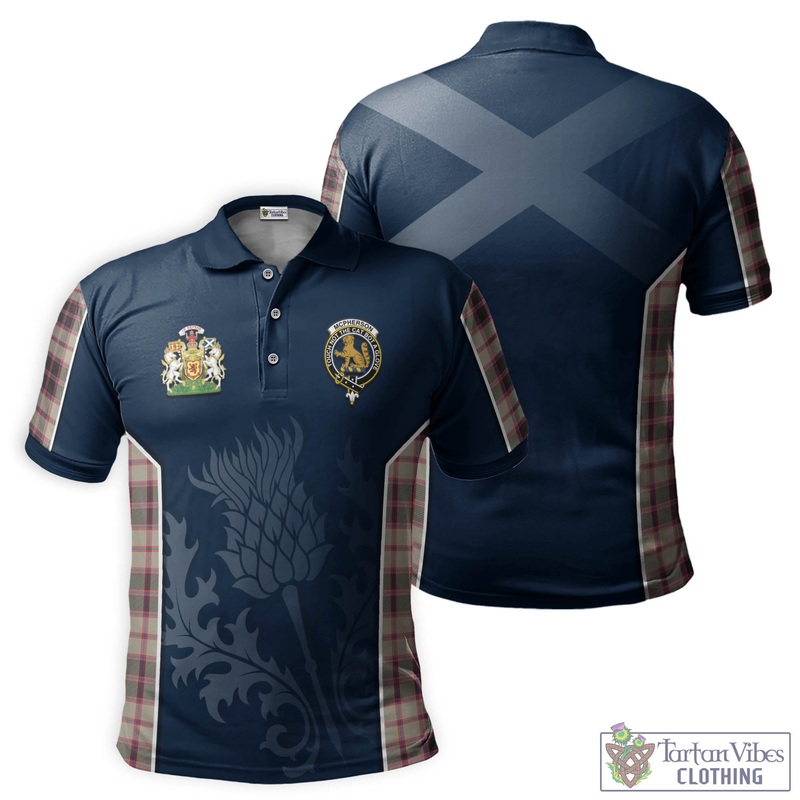 McPherson Hunting Ancient Tartan Men's Polo Shirt with Family Crest and Scottish Thistle Vibes Sport Style