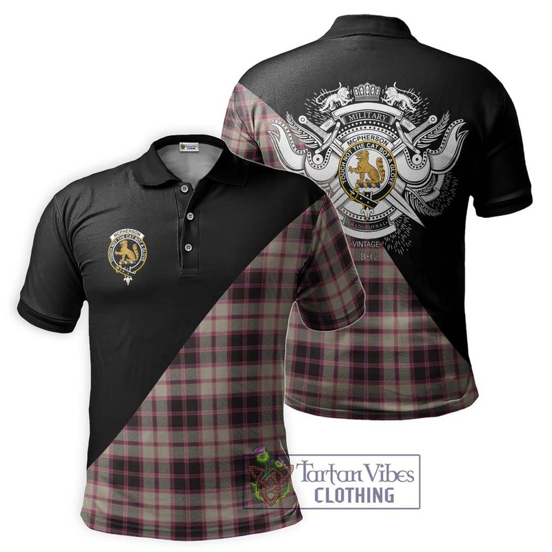 McPherson Hunting Ancient Tartan Polo Shirt with Family Crest and Military Logo Style
