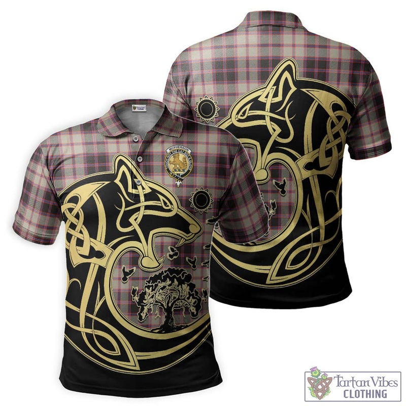 McPherson Hunting Ancient Tartan Polo Shirt with Family Crest Celtic Wolf Style