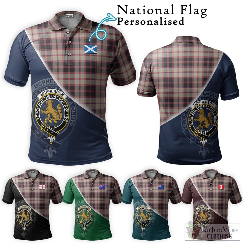 McPherson Hunting Ancient Tartan Polo Shirt with Personalised National Flag and Family Crest Half Style