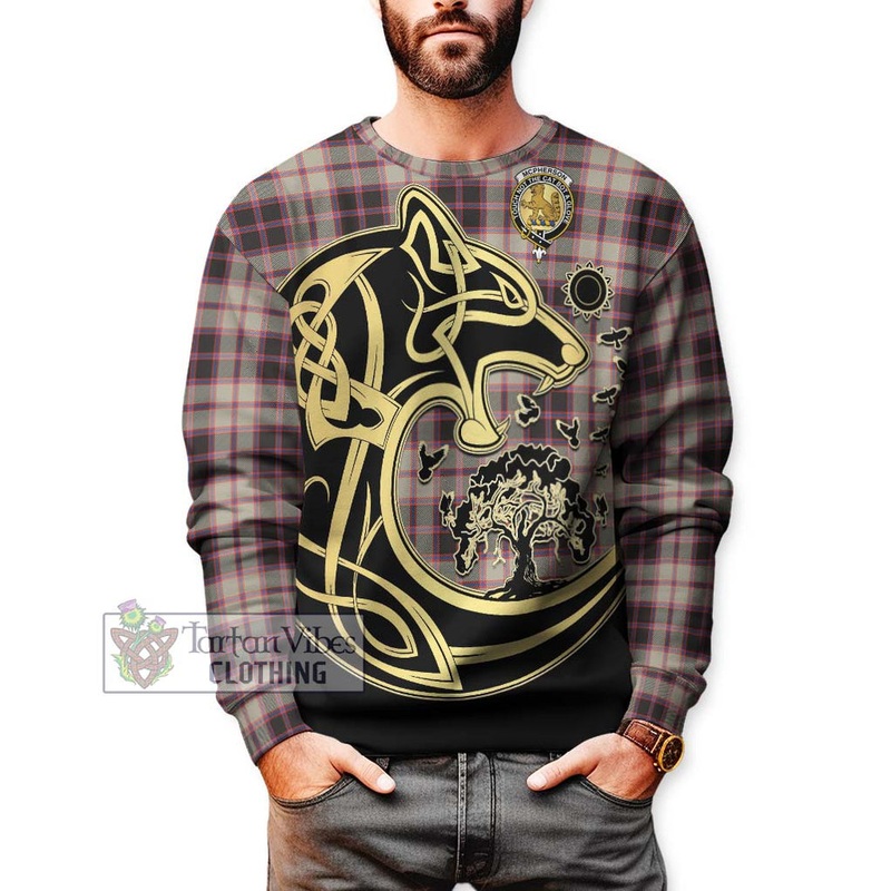 McPherson Hunting Ancient Tartan Sweatshirt with Family Crest Celtic Wolf Style