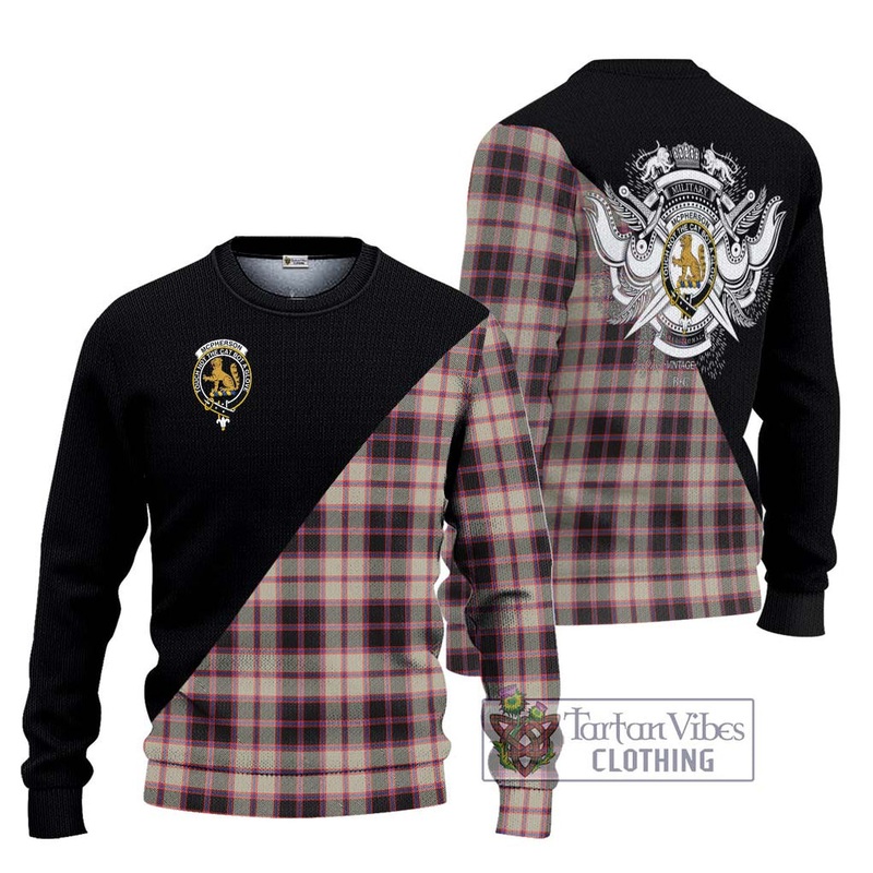 McPherson Hunting Ancient Tartan Ugly Sweater with Family Crest and Military Logo Style