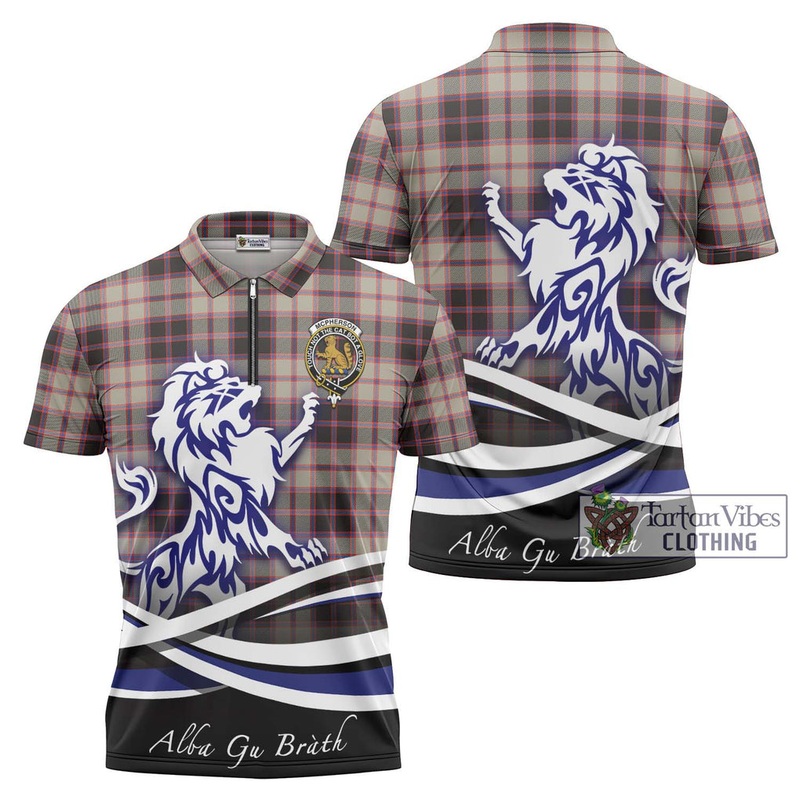 McPherson Hunting Ancient Tartan Zipper Polo Shirt with Alba Gu Brath Regal Lion Emblem