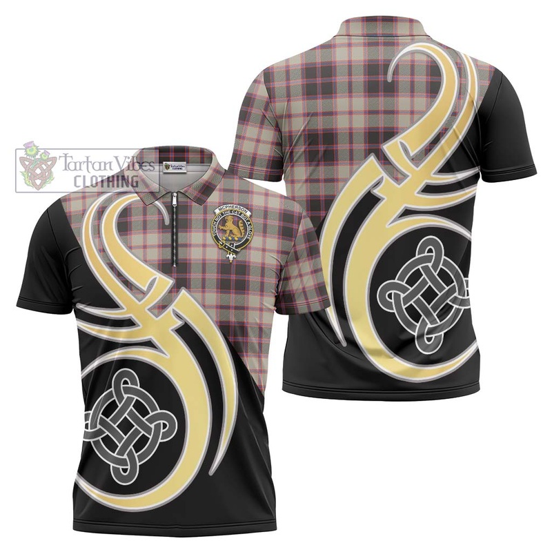 McPherson Hunting Ancient Tartan Zipper Polo Shirt with Family Crest and Celtic Symbol Style