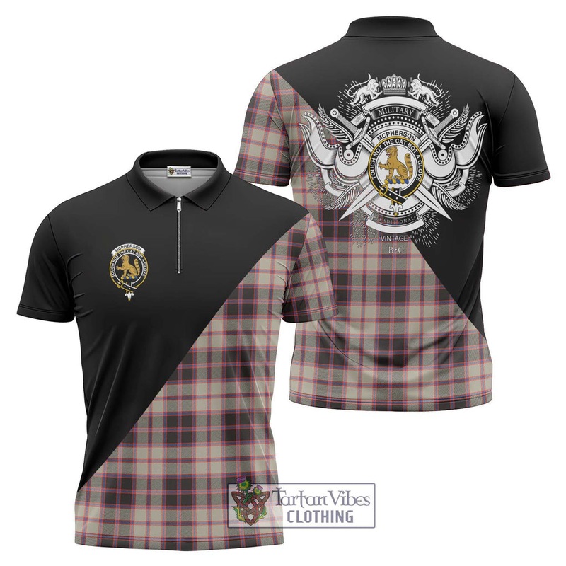 McPherson Hunting Ancient Tartan Zipper Polo Shirt with Family Crest and Military Logo Style