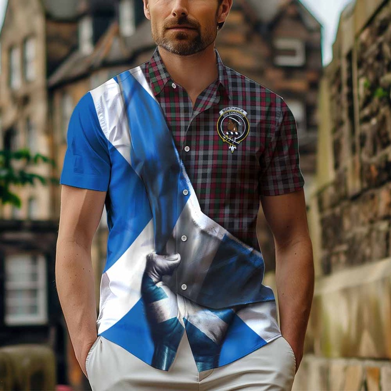 Borthwick Tartan Short Sleeve Button Shirt with Family Crest Scotland Patriotic Style