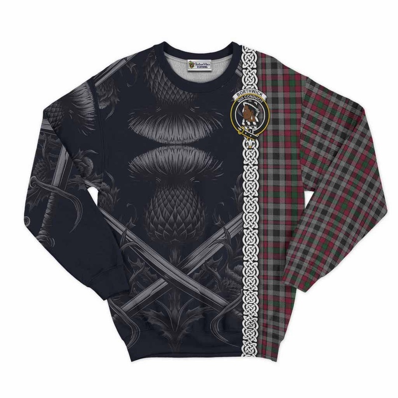 Borthwick Tartan Sweatshirt with Family Crest Cross Sword Thistle Celtic Vibes