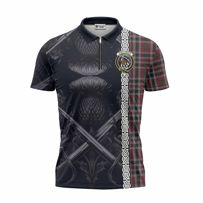Borthwick Tartan Zipper Polo Shirt with Family Crest Cross Sword Thistle Celtic Vibes
