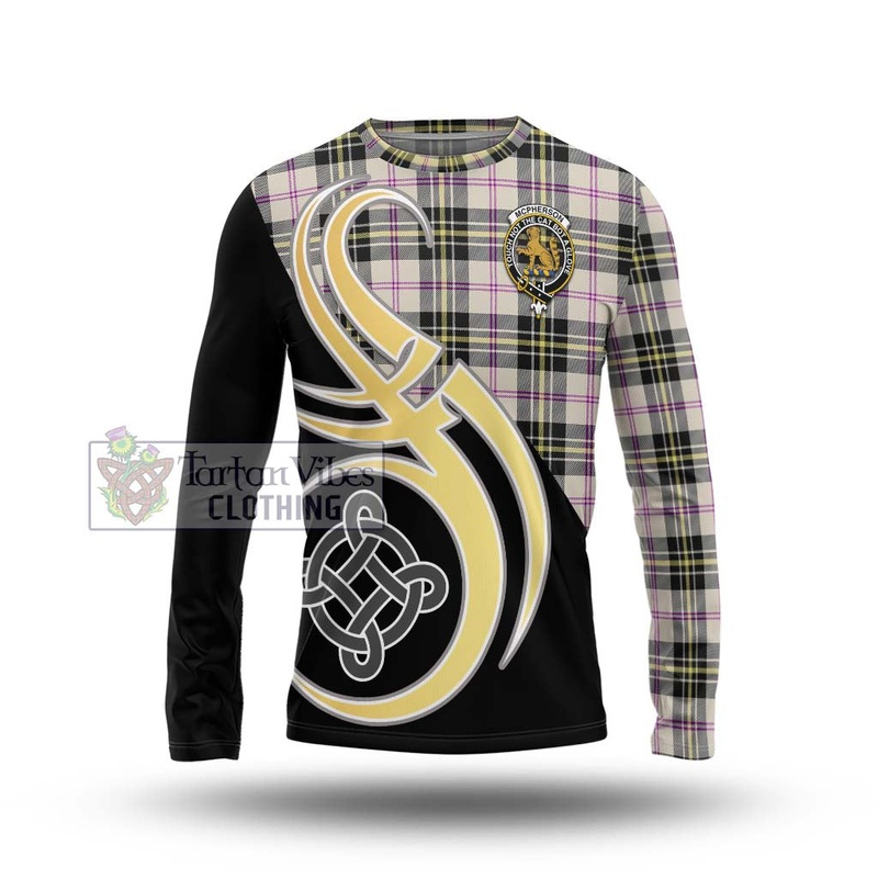 McPherson Dress Ancient Tartan Long Sleeve T-Shirt with Family Crest and Celtic Symbol Style
