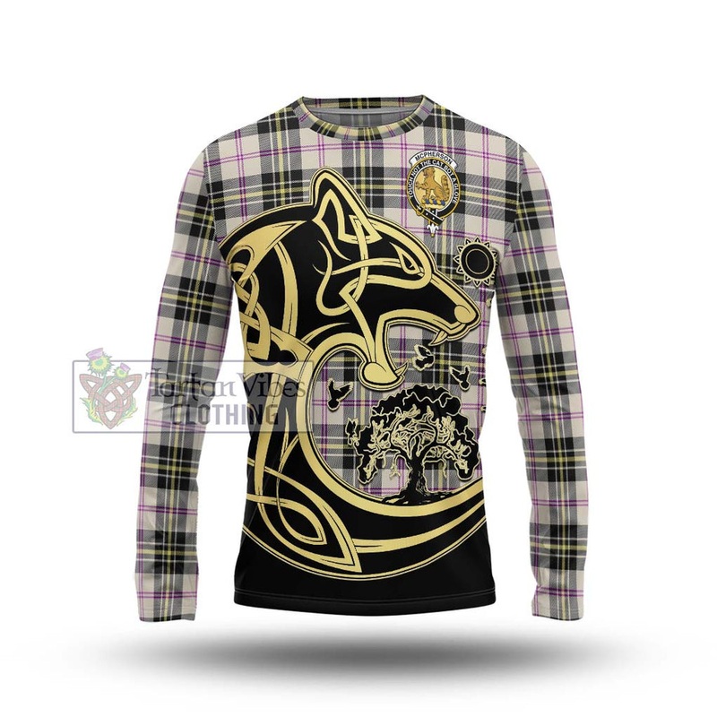McPherson Dress Ancient Tartan Long Sleeve T-Shirt with Family Crest Celtic Wolf Style