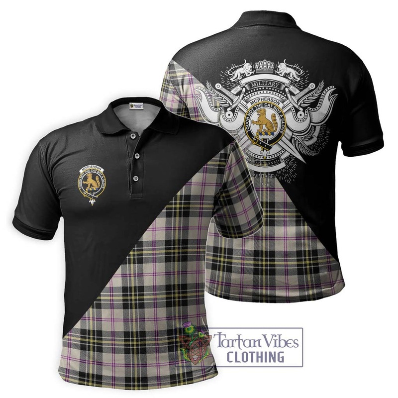 McPherson Dress Ancient Tartan Polo Shirt with Family Crest and Military Logo Style