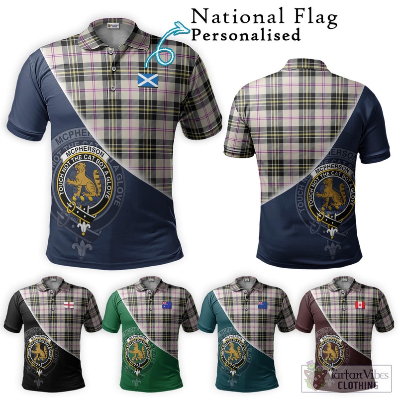 McPherson Dress Ancient Tartan Polo Shirt with Personalised National Flag and Family Crest Half Style