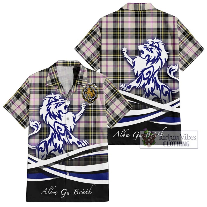 McPherson Dress Ancient Tartan Short Sleeve Button Shirt with Alba Gu Brath Regal Lion Emblem