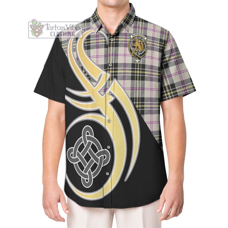 McPherson Dress Ancient Tartan Short Sleeve Button Shirt with Family Crest and Celtic Symbol Style