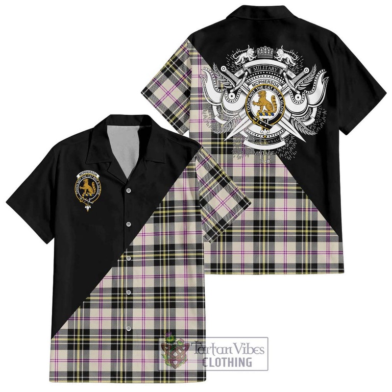 McPherson Dress Ancient Tartan Short Sleeve Button Shirt with Family Crest and Military Logo Style
