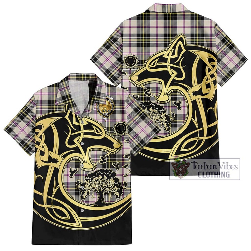 McPherson Dress Ancient Tartan Short Sleeve Button Shirt with Family Crest Celtic Wolf Style