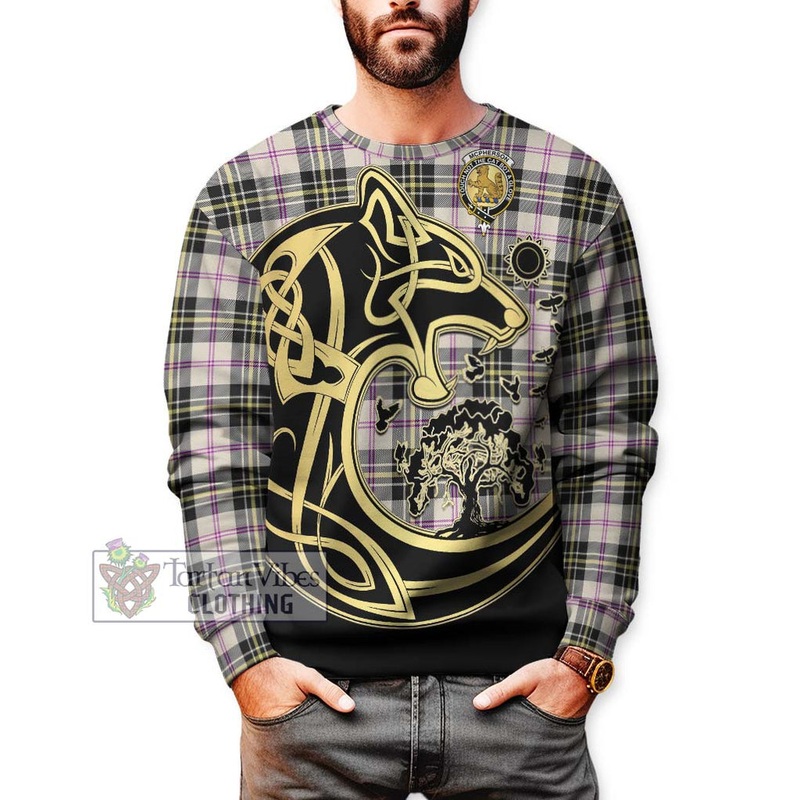 McPherson Dress Ancient Tartan Sweatshirt with Family Crest Celtic Wolf Style