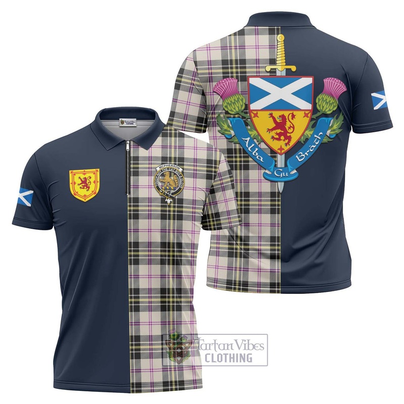 McPherson Dress Ancient Tartan Zipper Polo Shirt Alba with Scottish Lion Royal Arm Half Style