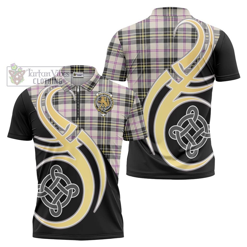 McPherson Dress Ancient Tartan Zipper Polo Shirt with Family Crest and Celtic Symbol Style